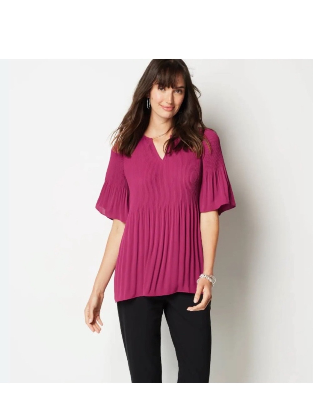 J. Jill Pleated Split V-Neck Top in Berry Pink